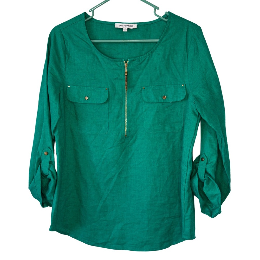 3/$20 Emily Daniels Linen Blend Emerald Green Long Sleeve Shirt